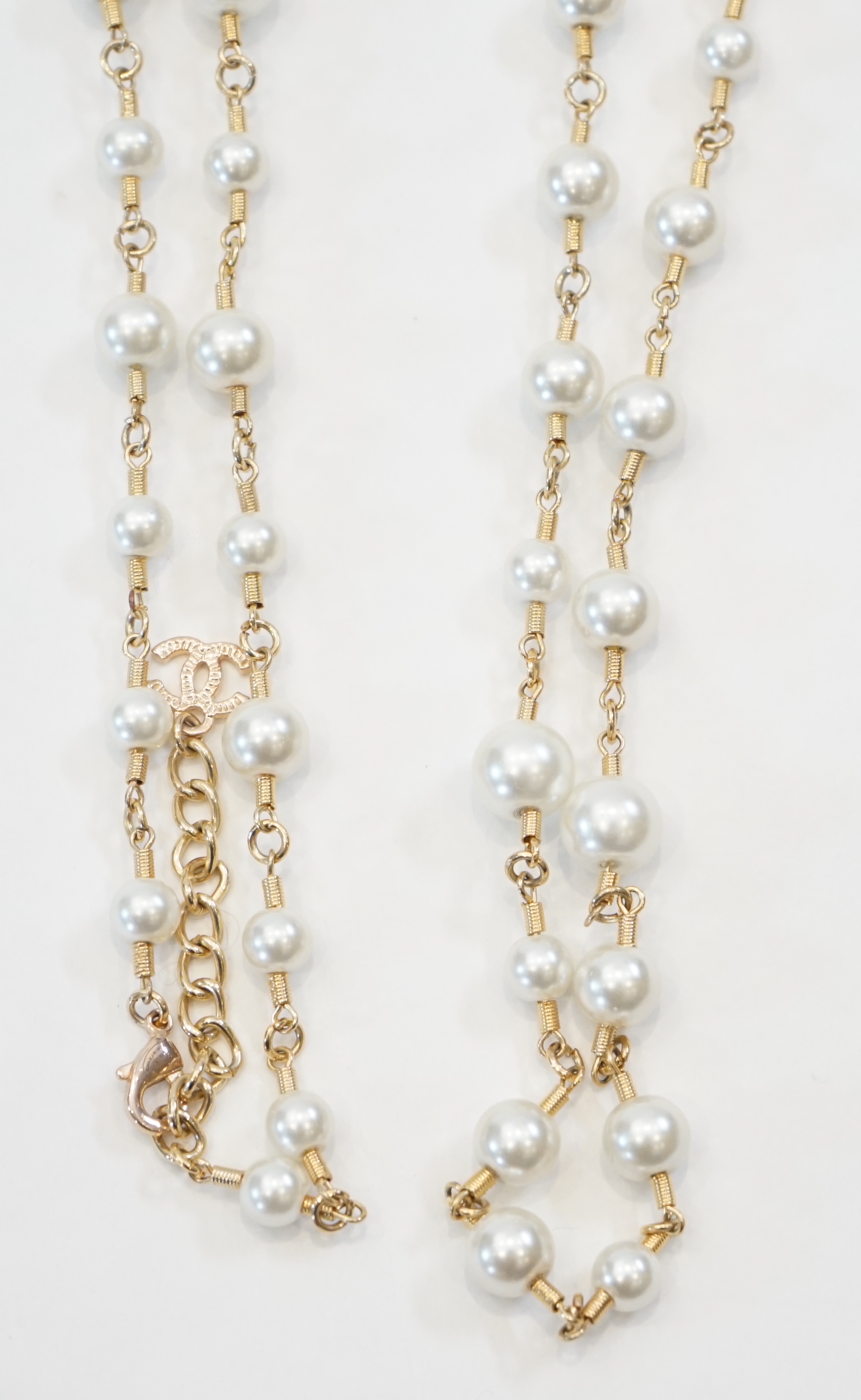 A Chanel gold plated 3 CC scatter pearl long necklace full length 160cm (63')